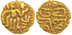 Imperial Cholas, Raja Raja I, Gold Double Fanam, 0.72g, obv. king standing looking right, 