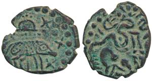 Cholas, Kulottunga Chola (1070-1120 AD), Copper Kasu, 2.7g, obv. king reclining on a mat, 