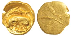 Cholas, Gold Fanam, 0.43g, obv. a crude depiction of a lion curled up with a fish at top, 