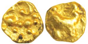 Hoysalas, Gold Fanam, 0.36g, obv. Lion to right with upraised paw, rev. appears to be a bi