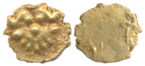 Hoysalas, Gold ½ Fanam, 0.20g, obv. Lakshmi, rev. obliterated. Very Fine+.