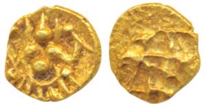 Hoysala, Gold ½ Fanam, obv. Lakshmi, rev. uncertain legend - Sri lakshmi? uncertain attrib