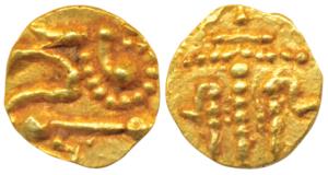 Hoysalas, Gold Fanam, 0.39g, obv. Parasol flanked by decorations, rev. lion. Extremely Fin