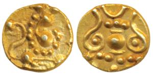 Hoysalas, Gold Fanam, 0.37g, obv. Kalasha flanked by decorations, rev. lion. Extremely Fin