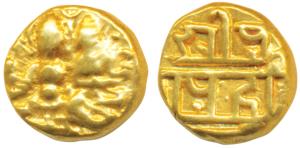 Vijaynagar Empire, Hari Hara II, Gold ½ Pagoda, 1.71g, obv. Shiva-Parvati seated, Siva hol