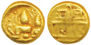Vijayanagar Empire, Devaraya I, Gold Pagoda, 3.40g, obv. Shiva-Parvati seated, Siva holdin