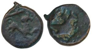 Vijayanagar Feudatory, Copper, 6.76g, obv. lion to right, rev. Gandbhaerunda on rev. Very 