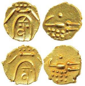 Tanjavore, Venkoji, Gold Fanam (2), 0.38g, ’Kali’ design with letter ’Ve’ on obv., stylize
