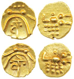 Tanjavore, Venkoji, Gold Fanam (2), 0.38g, ’Kali’ design with letter ’Ve’ on obv., stylize