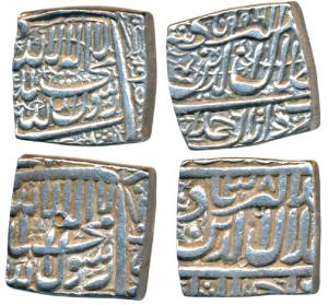 Akbar, Silver Square Rupee (2), Ahmedabad Mint, both Kalima type, the first with epithet D