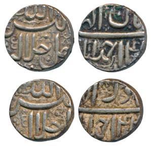 Akbar, Silver ½ Rupee, Ahmedabad Mint, Ilahi type, Month Azar, Year 44; Month Aban, Year 4