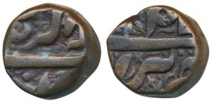 Akbar, Copper ½ Dam, 9.67g, Berar Mint, Tanka Akbar Shahi, RY 47, peculiar cross and symbo