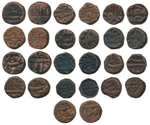 Akbar, Copper ½ Dam (13), different mints, Dar al-Khilafat Agra Mint AH 97X; Ahmedabad Min