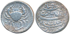 Jahangir, Silver Zodiac Rupee, 11.21g, Ahmedabad Mint, Cancer sign, Inayat Couplet, AH 102