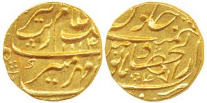 Aurangzeb, Gold Mohur, 11g, Dar-ul-Jihad Hyderabad Mint, AH 1114/47, (KM 315.20). Extremel