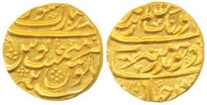 Aurangzeb, Gold Mohur, 11g, Bandar-i-Mubarak Surat Mint, RY 2, badr-i-munir type (KM 315.4