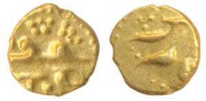 Aurangzeb, Gold Fanam, 0.20g, the word ‘Falam’ in place of mint name, struck somewhere in 