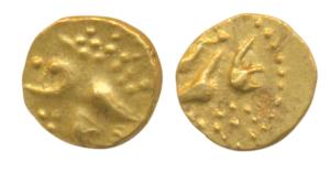 Aurangzeb, Gold Fanam, 0.19g, the word ‘Falam’ in place of mint name, struck somewhere in 