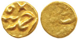 Ahmed Shah Bahadur, Gold Fanam, 0.17g, traces of a mint name on rev. (Herrli 8.06.03). Ext