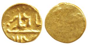Alamgir II, Gold Fanam, 0.19g, mint name off flan, AH 117X, Uniface (similar to Herrli 8.0