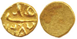Alamgir II, Gold Fanam, 0.19g, mint name off flan, AH (1)168, Uniface (similar to Herrli 8
