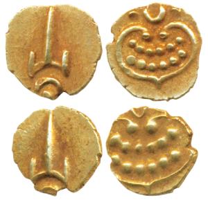 Tanjavore, Venkoji, Gold Fanam (2), Katar on obv., degenerate Kali on rev. (M&W T3, p.184)
