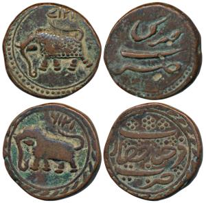Tipu Sultan, Copper Paisa (2), Farukhi Mint, AM 1217; Farrukhyab Hisar Mint, AM 1216 (KM 5