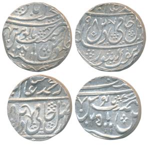 Najibabad Mint, Silver Rupee (2), in the name of Shah Alam II, AH (119)8/25 and (1)198/26,