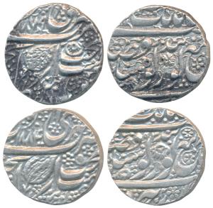 Amritsar Mint, Silver Rupee (2), Nanakshahi couplet, VS 1879 and 1884/93 (KM 21.2). Very F