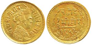 Sayaji Rao III, Gold, 1/3 Mohur, VS 1952 (1895 AD), obv. portrait of the Maharaja, name of