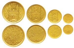 Mir Mehbub Ali Khan, set of 4, Gold Ashrafi, ½, ¼ and 1/8 Ashrafi, Farkhanda Bunyad Hydera