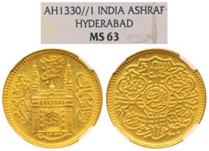 Mir Usman Ali Khan, Gold Ashrafi, 11.18g, Farkhanda Bunyad Hyderabad Mint, half ‘Ain’ in d
