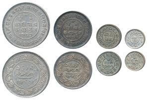 Khengarji III, set of 4, Silver 5, 2 ½, 1 and ½ Kori, with the name of George V, VS 1986/ 