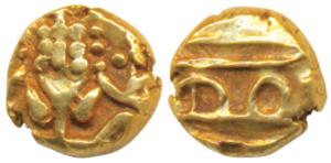 Krishna Raja Wodeyar, Gold Fanam, 0.38g, obv. seated Narasimha, rev. Kanarese legend Kanth