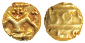 Krishna Raja Wodeyar, Gold Fanam, 0.37g, obv. seated Narasimha, rev. Kanarese legend Kanth