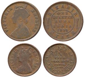 Dhar, Victoria Empress, Copper ½ Pice, 1887; Bikaner, Copper ¼ Anna, 1895. Fine to Fine+. 