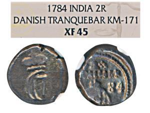 Tranquebar, Christian VII (1766-1808 AD), Silver 2 Royaliner, (2 Fano, 2 Fanams), 1784, ob