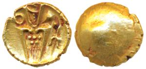Coromandel Coast, Tuticorin Gold Fanam, 0.36g, obv. degenerate Kali with a trident to righ