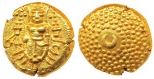 Gold Pagoda, 3.4g, obv. Lord Vishnu standing, facing front, rev. crescent within a granula
