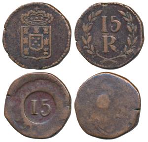 Goa, Joao (1816-1826 AD), Copper 15 Reis, 9.3g, obv. crowned arms, rev. value within spray