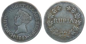 Goa, Maria II, Silver Rupia, 1845, value within sprays on rev. (KM 273). Very Fine+, Rare.