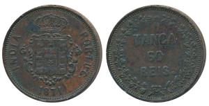 Goa, Colonial Issues, Copper 60 Reis or Tanga, 1871 (KM 306). Extremely Fine, Rare.