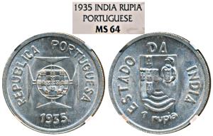 Goa, Colonial Issue, Silver Rupia, 1935 (KM 23). Graded by NGC MS64, Spectacular quality, 