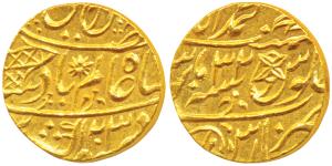 Muhammadabad Banaras Mint, Gold Mohur, 10.8g, in the name of Shah Alam II, fish, sun-burst