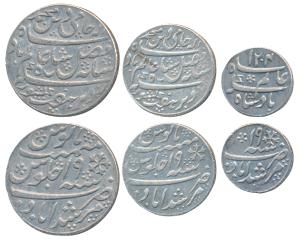 Murshidabad Mint, set of 3, Silver Rupee, ½ and ¼, in the name of Shah Alam II, frozen RY 