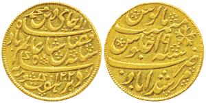 Murshidabad Mint, Gold ½ Mohur, 6.14g, in the name of Shah Alam II, AH 1202/19, oblique mi