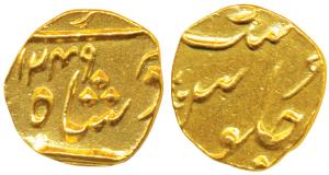 Gold 1/3 Mohur or Panchia, 3g, struck at the Ahmedabad Mint, (circa 1800-1815 AD), Yr 1249