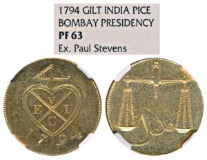 Gold Gilt Copper Proof Pice / 4 Reas, 1794, bale mark with date below on obv., Scales on r