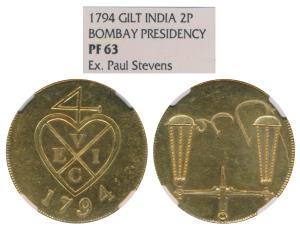 Gold Gilt Copper Proof 2 Pice / 8 Reas, 1794, bale mark with date below on obv., Scales on