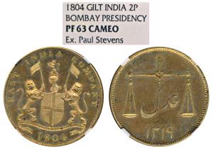 Gold Gilt Copper 2 Pice, 1804, coat of arms of the EIC and date below on obv., scales with